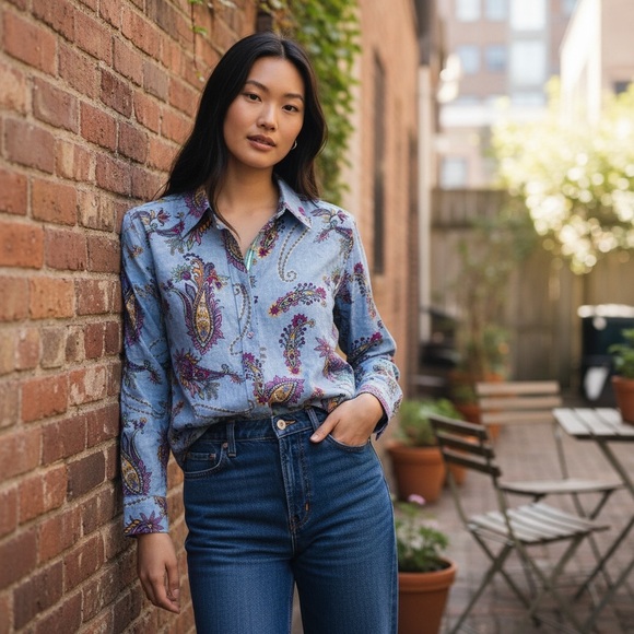 Talbots 100% Cotton Blue Paisley Print Button Front Blouse Size Medium - Picture 2 of 16